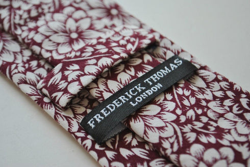 cotton maroon red tie with white floral design